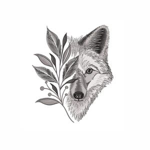 May include: An embroidered design featuring a detailed wolf's head and a sprig of leaves and berries. The design is rendered in shades of gray and white, creating a textured, artistic effect. The artwork is set against a clean white background.