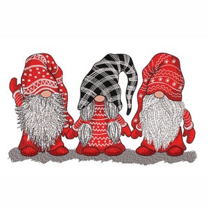 May include: Three gnomes wearing red and white knit hats and sweaters. The gnome in the middle is wearing a black and white plaid hat.