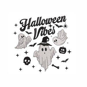 Op de afbeelding: Zwart-witte illustratie van geesten, vleermuizen en een pompoen met de tekst "Halloween Vibes".