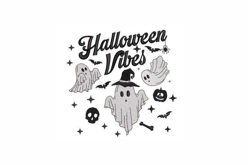 Op de afbeelding: Zwart-witte illustratie van geesten, vleermuizen en een pompoen met de tekst "Halloween Vibes".