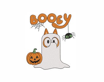 Booey machineborduurontwerp. 5 maten. Halloween-borduurontwerp. Geest met pompoenborduurontwerp. Ghost-borduurontwerp.