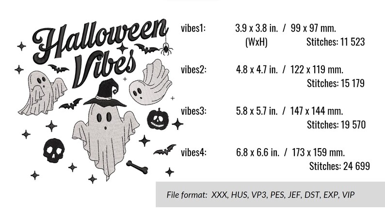 Op de afbeelding: Halloween Vibes borduurpatroon met een spook met een heksenhoed, een pompoen en andere griezelige elementen. Het ontwerp is verkrijgbaar in verschillende maten, van 3,9 x 3,8 inch tot 6,8 x 6,6 inch. Bestandsformaten omvatten XXX, HUS, VP3, PES, JEF, DST, EXP en VIP.