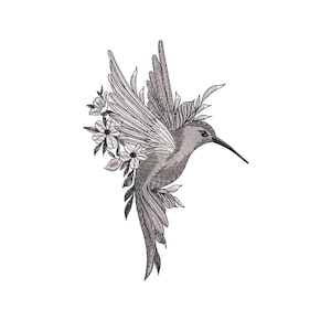 May include: A black and white illustration of a hummingbird with flowers. The hummingbird is in flight and has its wings spread out. The flowers are white and have a delicate design.