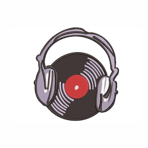 May include: A black vinyl record with a red label is inside a pair of gray headphones.