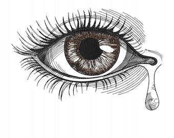 Realistisch borduurmotief oog met traan, 5 maten. Gedetailleerde Eye Art, emotioneel machineborduurbestand. Borduurontwerp oogkunstwerk