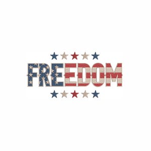 May include: The word "FREEDOM" in red, white, and blue, with a star pattern and stripes, is centered on a white background. Above and below the word are rows of stars in blue and red.