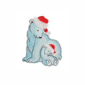 May include: A white polar bear wearing a red Santa hat is holding a smaller white polar bear wearing a red Santa hat. Both bears are sitting on a white background.