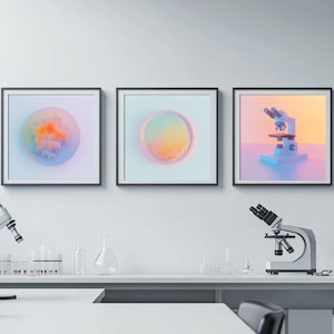 Può includere: Tre stampe artistiche incorniciate raffiguranti temi scientifici. Una stampa mostra un design astratto colorato, un'altra un design simile con colori diversi e la terza un microscopio. Le stampe sono esposte sopra un banco da laboratorio con attrezzature scientifiche.