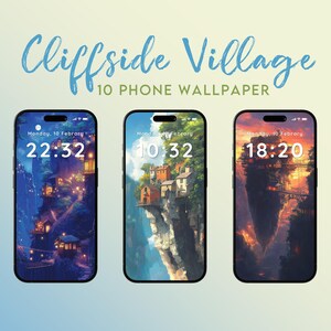 Puede incluir: Tres fondos de pantalla para teléfono que muestran un pueblo en un acantilado con una isla flotante. El primer fondo de pantalla es una escena nocturna con un cielo azul y estrellas. El segundo fondo de pantalla es una escena diurna con un cielo azul y nubes. El tercer fondo de pantalla es una escena de puesta de sol con un cielo naranja y nubes.
