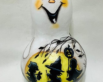 Halloween Ghost Gourd Ornament with Trick or Treat Kids - Hand Painted Gourd