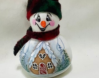 Snowman Gourd  Tree Ornament with  Gingerbread House - Hand Painted Gourd