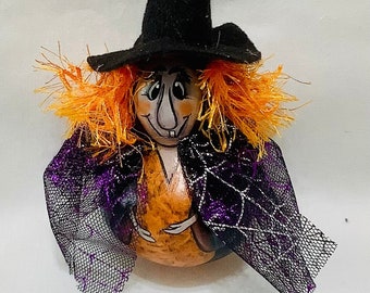 Mini Halloween Witch Gourd Ornament - Hand Painted Gourd