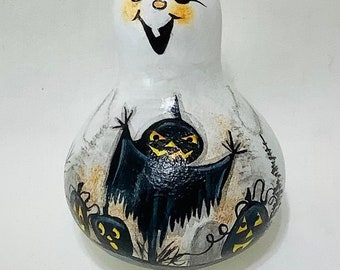 Halloween Ghost Gourd Ornament with Jack-O-Lantern Scarecrow - Hand Painted Gourd