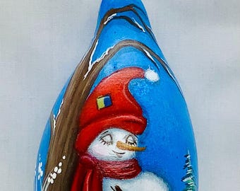 Snowman Gourd Christmas Tree Ornament - Hand Painted Gourd
