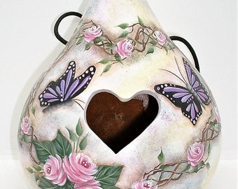 Heart Shaped Grapevine Wreath with Pink Roses and Purple Butterflies - Hand Painted Gourd