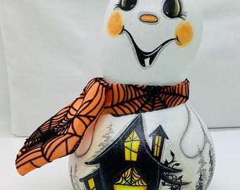 Halloween Ghost Gourd with Haunted House - Hand Painted Gourd