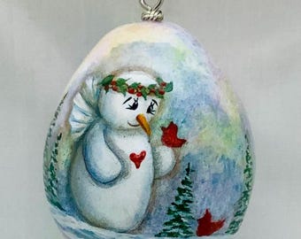 Snowman Angel with Cardinal Gourd Christmas Tree Ornament - Hand Painted Gourd