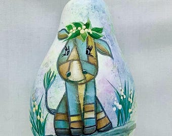 Patchwork Blue Cow Gourd Christmas Tree Ornament - Hand painted Gourd