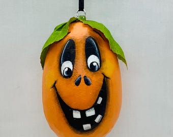 Small Gourd Halloween Jack-O-Lantern with a Goofy Smile - Hand Painted