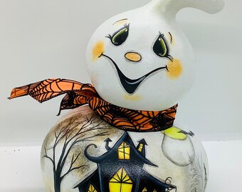 Large Ghost Gourd with Haunted House in a Country Scene - Hand Painted Gourd