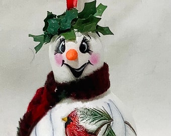 Snowman with Cardinal Gourd Tree Ornament - Hand Painted Gourd