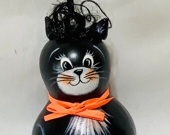 Halloween Cat Gourd Ornament - Hand Painted Gourd