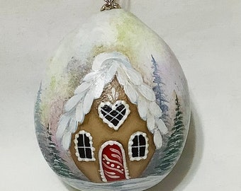 Gingerbread House Gourd Tree Ornament - Hand Painted Gourd