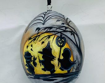 Egg Gourd Halloween Ornament with Trick-or-Treat Kids - Hand Painted Gourd