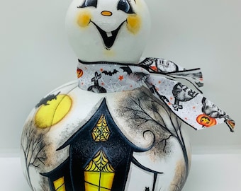 Large Ghost Gourd with Haunted House in a Country Scene - Hand Painted Gourd