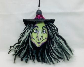 Mini Halloween Witch Gourd Ornament - Hand Painted Gourd