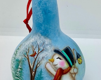 Snowman with Cardinel Gourd Christmas Tree Ornament - Hand Painted Gourd