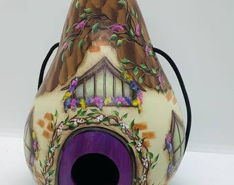 Country Cottage Garden Gourd Birdhouse  - Hand Painted Gourd