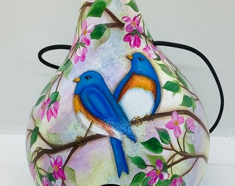 Blue Bird and Cherry Blossoms Gourd Birdhouse - Hand Painted Gourd