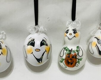 Set of 4 Mini Ghost Gourd Ornaments - Hand Painted Gourds Set# 1