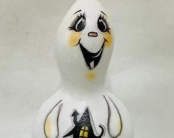 Halloween Ghost Gourd Ornament with Haunted House - Hand Painted Gourd