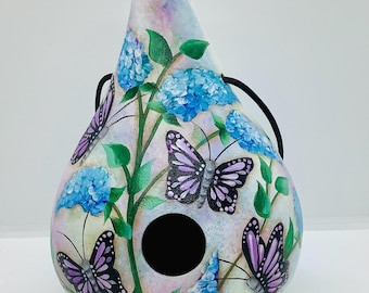 Gourd Birdhouse with Butterfly Bush and Butterflies - Hand Panted Gourd Birdhouse