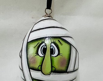 Mummy Halloween Egg Gourd Ornament - Hand Painted Gourd