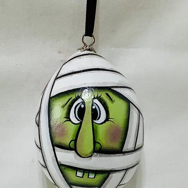 Mummy Halloween Egg Gourd Ornament - Hand Painted Gourd