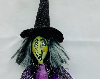 Mini Halloween Witch Gourd Ornament - Hand Painted Gourd