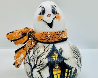 Halloween Ghost Gourd with Haunted House - Hand Painted Gourd