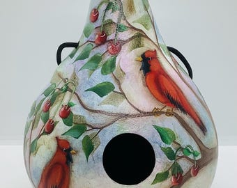 Cardinals and Cherries Gourd Birdhouse - Hand Painted Gourds