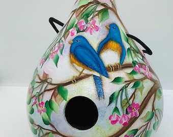 Blue Bird and Cherry Blossoms Gourd Birdhouse - Hand Painted Gourd