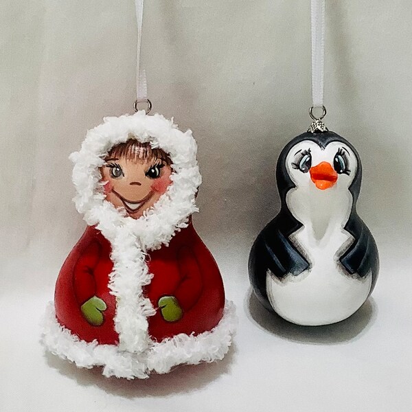 Eskimo and Penguin Christmas Tree Gourd Ornaments - Hand Painted Gourd Set of 2