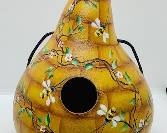 Beehive Gourd Birdhouse with Vines, Flowers & Bees - Hand Painted Gourds