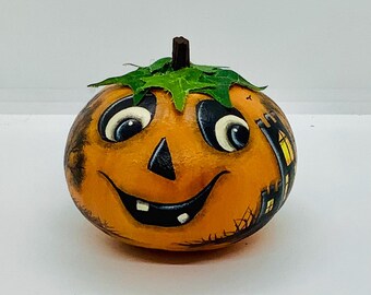 Small Gourd Halloween Jack-O-Lantern with a Halloween Town Painted all around. - Hand Painted