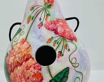 Geranium Gourd Birdhouse - Hand Painted Gourd