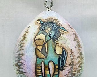 Patchwork Blue Pony Gourd Christmas Tree Ornament - Hand painted Gourd