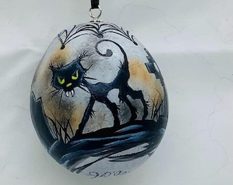 Halloween Gourd Ornament - Cat in a Graveyard - Hand Painted Gourd