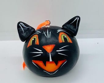 Halloween Vintage Black Cat Gourd Ornament - Hand Painted Gourd