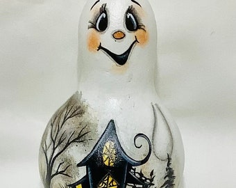 Halloween Ghost Gourd Ornament with Haunted House - Hand Painted Gourd